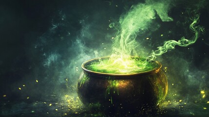 A bubbling cauldron with glowing green liquid and mystical smoke in a dark setting