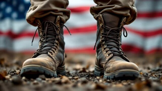 Military boots on the ground on America flag background