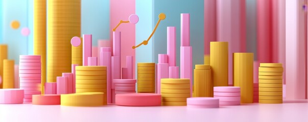 A vibrant, abstract representation of financial growth with colorful coins and bars, symbolizing investment and economic progress.