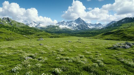 Naklejka premium Mountain Meadow Landscape Under Sunny Sky