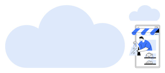 Shopping from a smartphone with a storefront awning and cloud storage backdrop buyer in blue holding a hanger. Ideal for e-commerce, online shopping, cloud storage, mobile apps, digital marketing