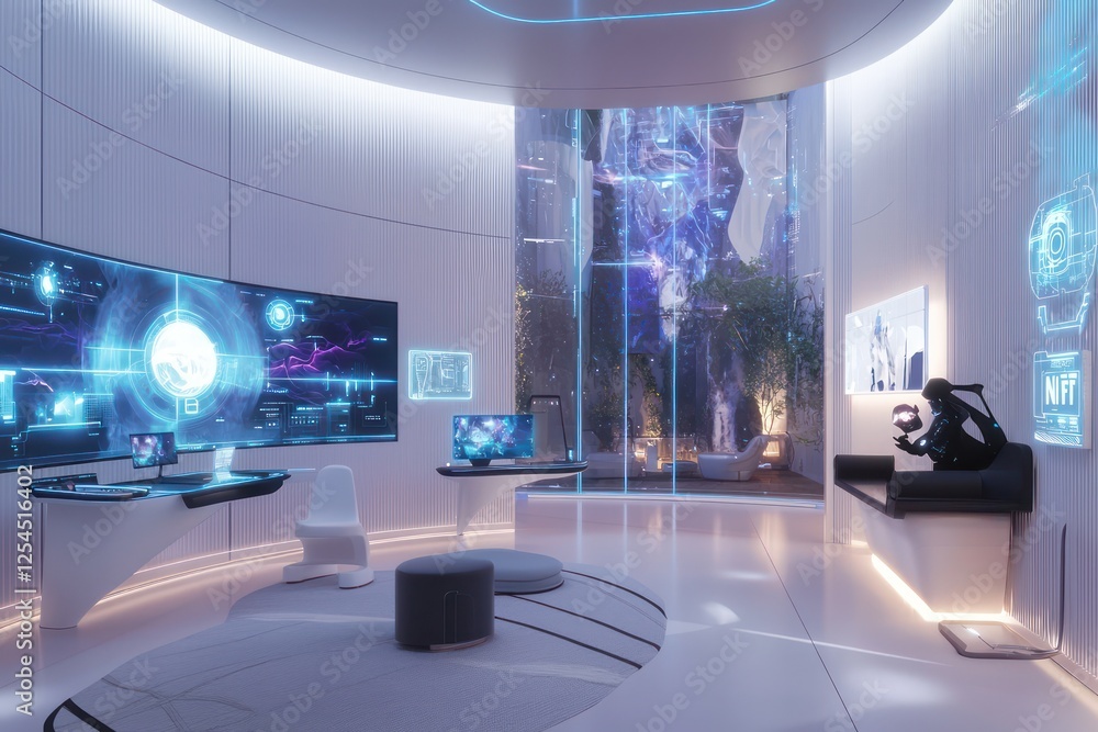 Poster gaming platforms merge with nft 2.0 tools in a holographically enhanced lounge.