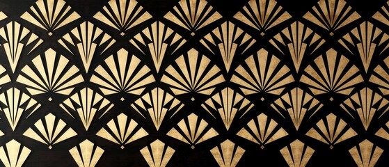 Geometric art deco pattern in black and champagne gold luxurious symmetry shows classic elegance artifacts in repeating designs.