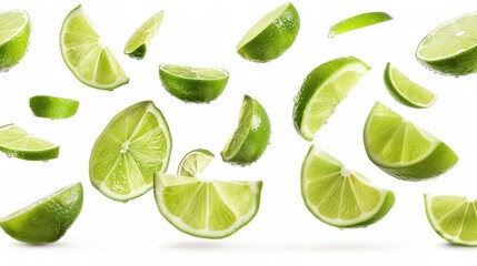 Closeup detailed many flying fresh lime slices fruit texture on white background. AI generated image