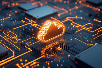 glowing cloud icon circuit board symbolizes advanced cloud computing technology and digital connectivity. image highlights integration of cloud services with electronic components, emphasizing