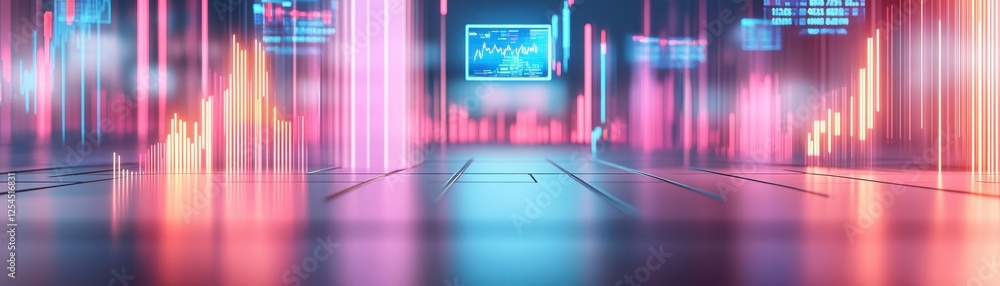 Poster a futuristic digital landscape with vibrant light bars and a glowing interface, evoking themes of te