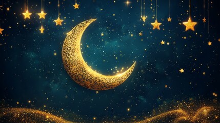Naklejka premium Ramadan frame adorned with traditional golden Islamic patterns, crescent moon, and stars, perfect for festive occasions 