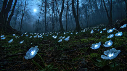 Enchanted forest at night with glowing flowers, moonlight filtering through trees, serene atmosphere