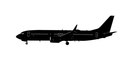 Black Commercial Airplane Silhouette on White Background for Aviation Design