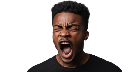 Young man shouting with transparent background: expressing anger and frustration