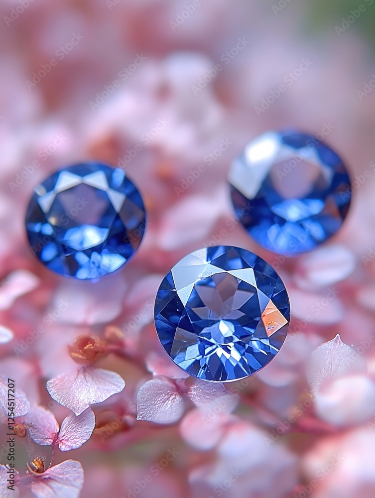 Poster three blue gems resting on delicate pink petals creating a soft and elegant composition
