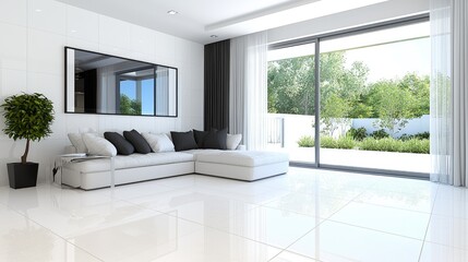 Fototapeta premium Modern minimalist living room with a white sectional sofa and large sliding glass doors opening to a sunny green garden.