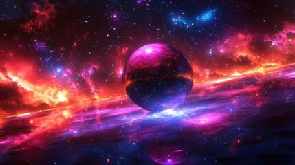 Cosmic sphere reflecting nebula, vibrant galaxy background; science fiction art