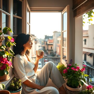 Una mujer hispana sentada junto a la ventana en la terraza del segundo piso de su casa, tomando caf&eacute; y disfrutando del tiempo libre