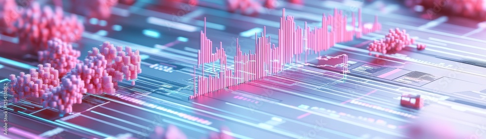 Poster a digital representation of data analysis, featuring pink waveforms and abstract elements, suggestin