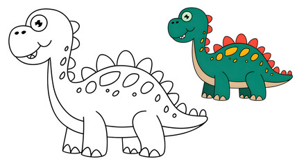 Fototapeta premium Dragon coloring page with a colored example in cartoon style for kids' activities, fantasy learning books, and creative fun, isolated on a white background sheet