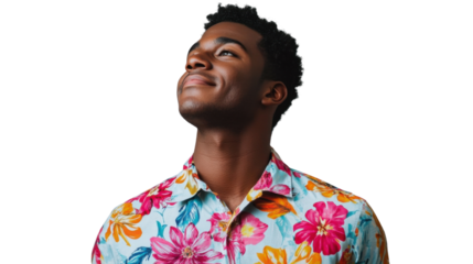 Young man looking up with hope and positivity on transparent background