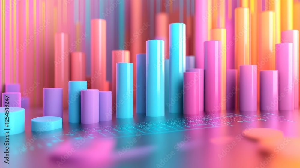 Poster a vibrant 3d visualization of colorful bar graphs and cylindrical shapes, representing data analysis