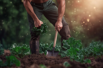 Fototapeta premium Gardener digging soil with a shovel in the garden close up background.