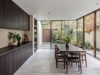 Fototapeta premium Modern dining room with garden view, minimalist design, natural light