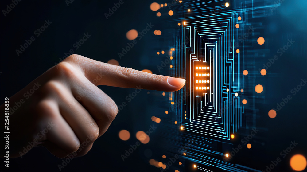 Poster finger interacts with glowing digital circuit, symbolizing technology and innovation. image highligh