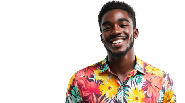 Young man smiling wearing hawaiian shirt on transparent background