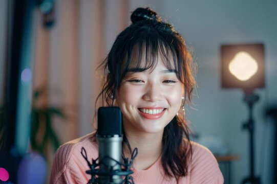 部屋で動画配信の撮影をする日本人女性（ライブ配信・YouTube・ ユーチューバー・クリエイター）	