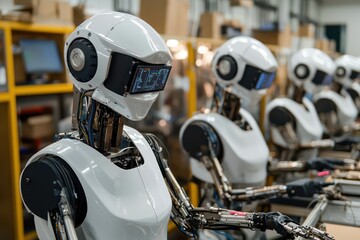 Manufacturing line monitored by robotic vision systems.