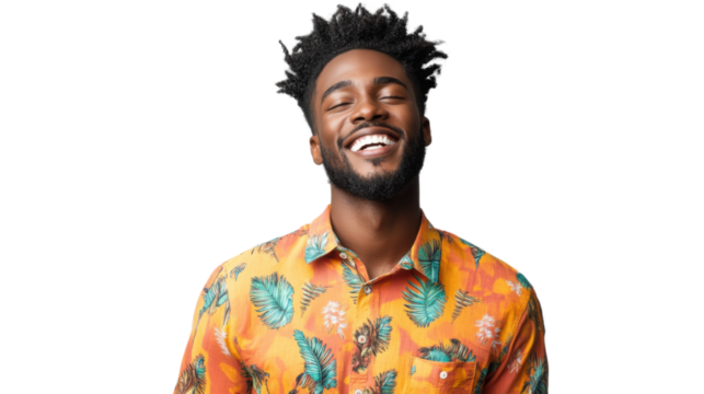 Cheerful african american man laughing with eyes closed on transparent background