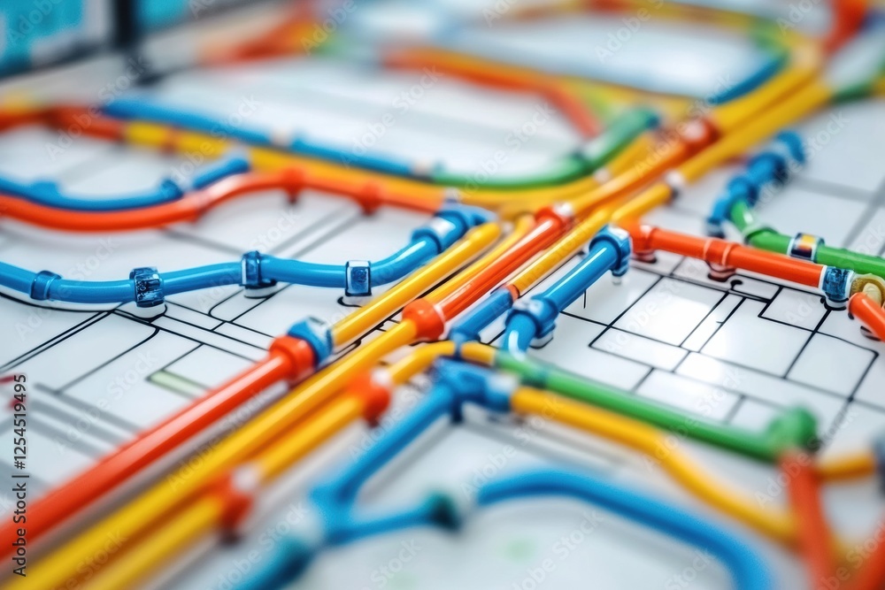 Poster detailed layout of an urban metro subway map illustrating public transport connections. generative a