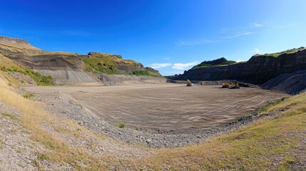 Quarry excavation, sunny day, machinery, hills