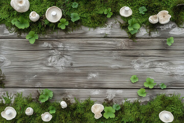 Fresh forest mushrooms and moss on an old wooden kitchen table top view background. Mushroom picking. Cooking mushrooms.
