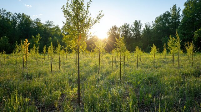 Sunset forest sapling planting reforestation