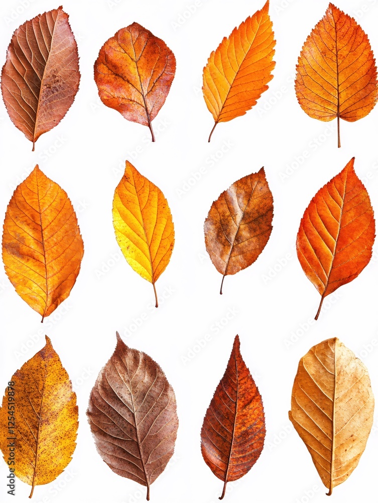 Poster twelve isolated autumn leaves displaying various stages of color change on white background