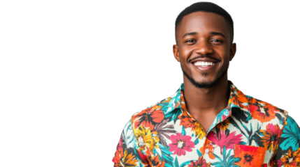 Young tourist smiling wearing colorful shirt on transparent background