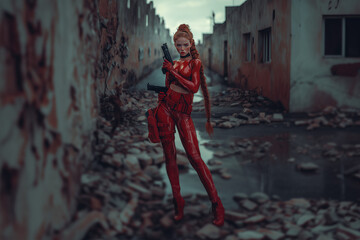 A beautiful red haired woman in a red latex suit with pistols in her hands on a deserted city street background, cyberpunk.
