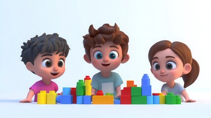 Children playing with blocks and toys in a fun family setting, with boys, girls, and parents smiling together