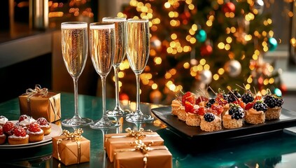 Celebratory Atmosphere Featuring Champagne and Desserts