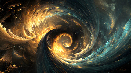 Naklejka premium Celestial spiral vortex with glowing yellow and blue swirls on a dark background