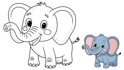 Obraz premium Cute baby elephant coloring page with a colored example in cartoon style for kids' activities, animal learning books, and creative fun, isolated on a white background sheet