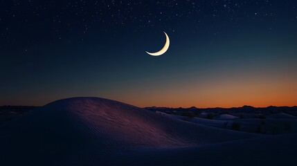 Crescent Moon over Desert Dunes at Night