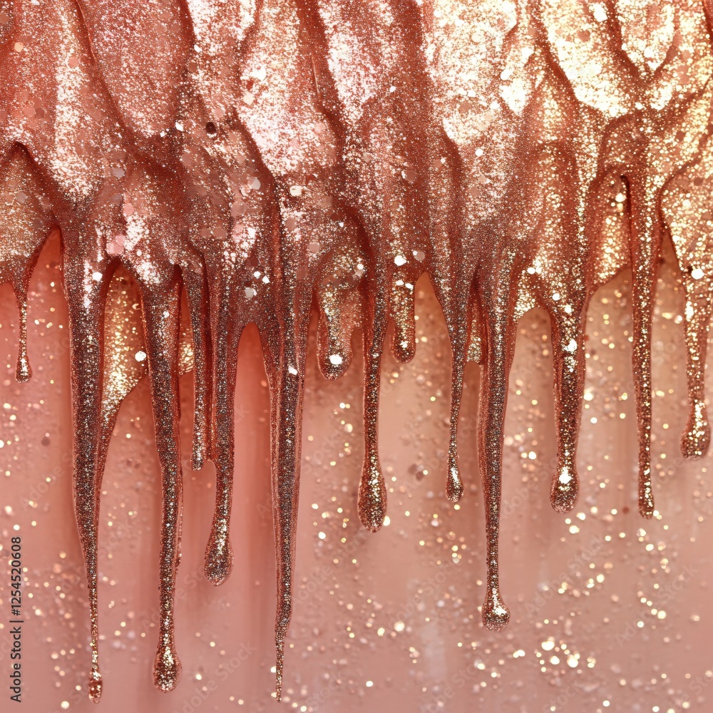 Poster rose gold glitter drips down a smooth surface creating a sparkling and glamorous abstract design