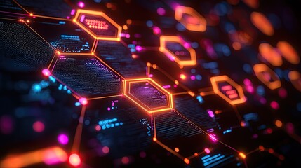 Futuristic digital hexagonal network with glowing nodes and data streams in a tech environment