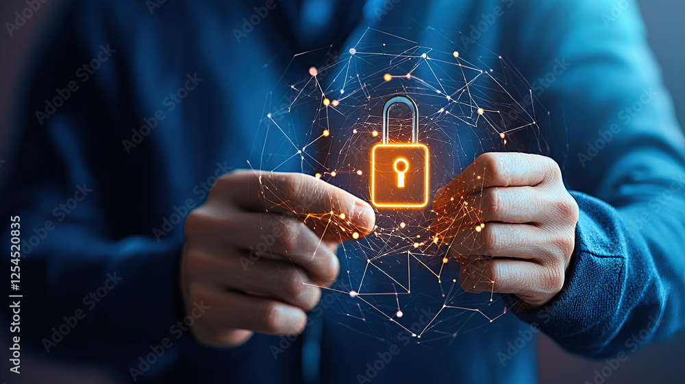 Poster person holding digital lock symbol, representing cybersecurity and data protection, with network of 