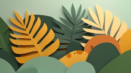 Vibrant Paper-Cut Foliage Illustration in Shades of Green, Yellow and Orange - Artistic and Lush Landscape Design