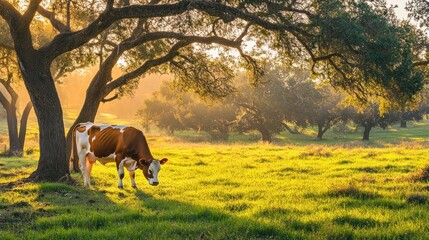 Cow grazing sunset pasture oak trees idyllic farm