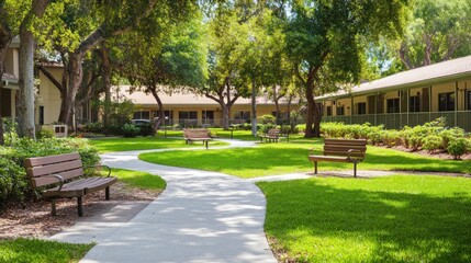 Winding path, sunny courtyard, tranquil retirement community