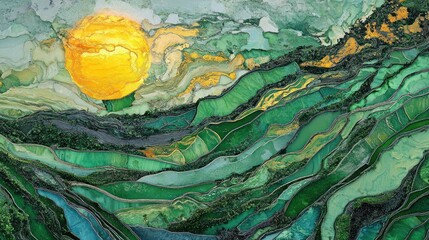 Sunlit Green Rice Terraces, Abstract Art, Mountain Landscape, Asian Scenery, Wallpaper