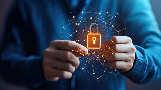 person holding digital lock symbol, representing cybersecurity and data protection, with network of connected lines and nodes. image conveys sense of security and advanced technology