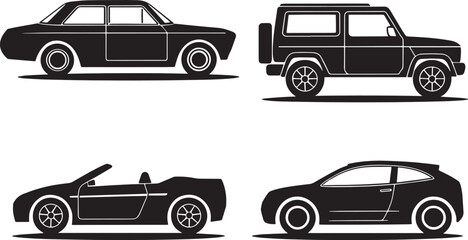Various Car Front and Side Views in Outline Style